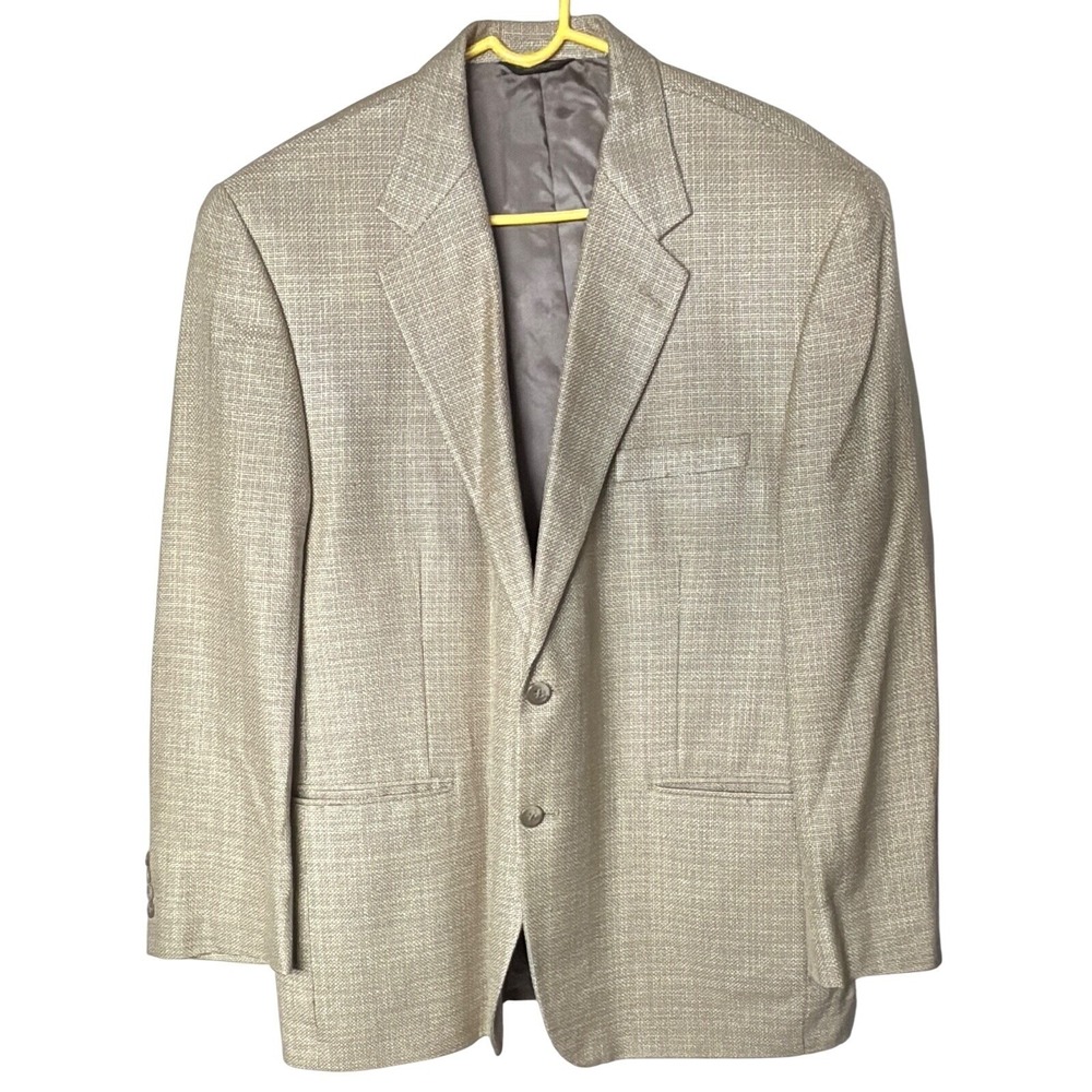 Chaps 44R Silk Blazer Jacket‎ Gold Tan Textured Tweed Weave Two Button